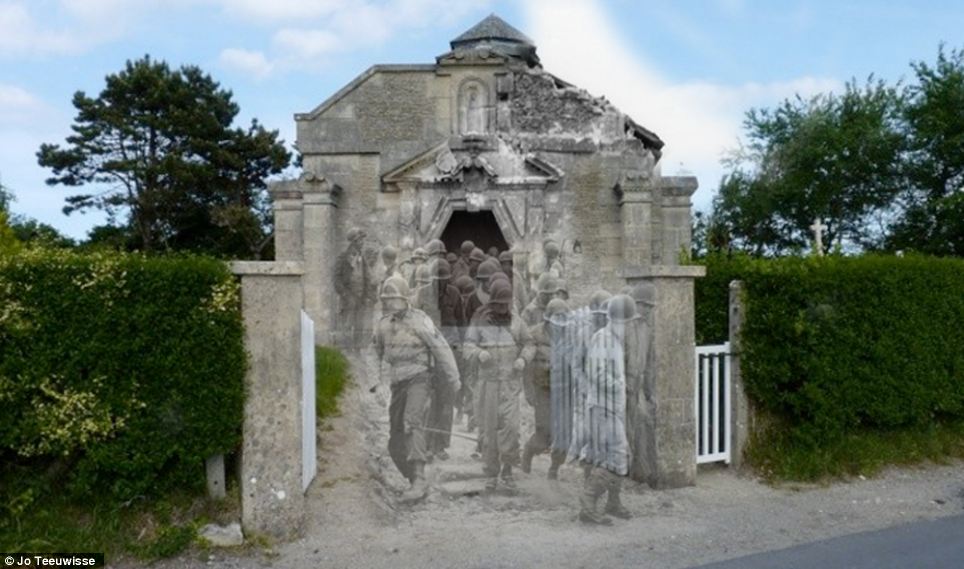 Dramatic past: Men in uniform file out of La Madeleine à Sainte Marie du Mont, in Manche, close to the beaches of Normandy where the D-Day invasion took place