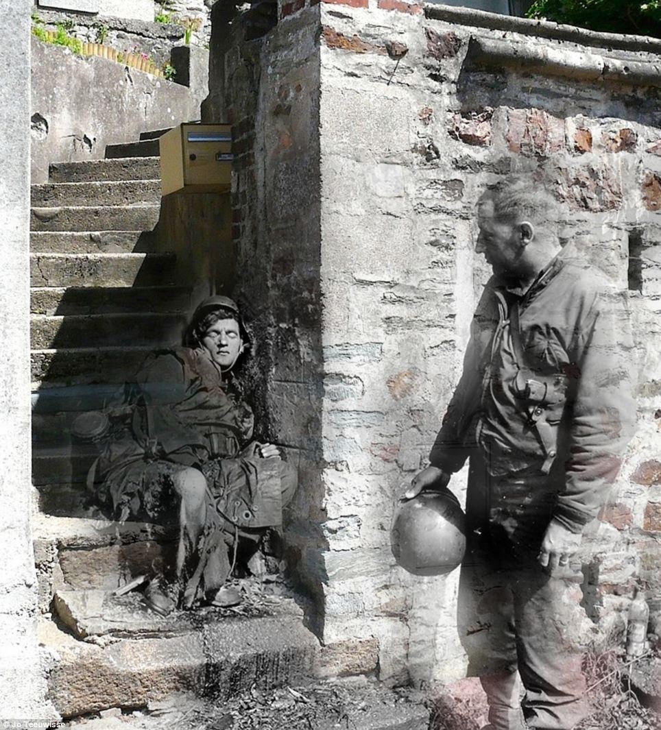 Vivid reality: The past and the present collide as touches of colour appear on this emotive shot on rue Armand Levéel in the French city of Cherbourg