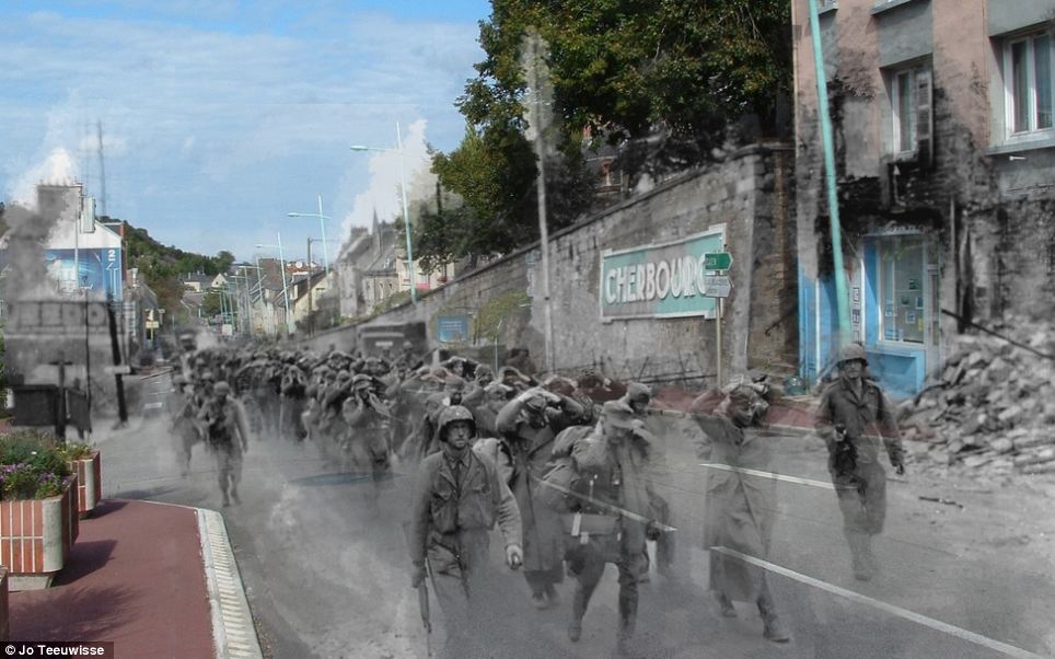 From dark times to blue skies: German prisoners of war are marched through the north-western French city by American soldiers